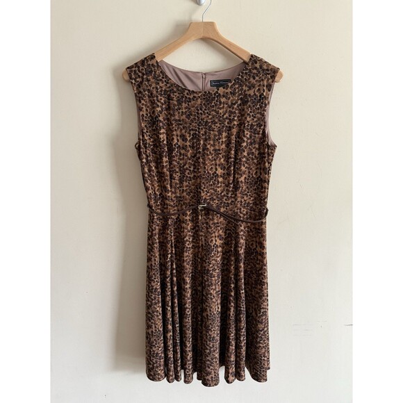 Jessica Howard Dress 12 Belt Midi Brown Leopard Print Sleeveless Back Zip Career - Picture 1 of 4